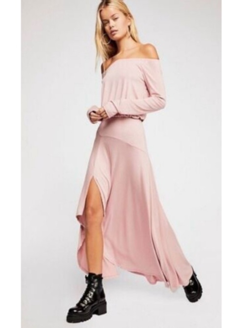 Free People Jupiter Off-the-Shoulder Stretchy Slit Maxi Dress Pink Small
